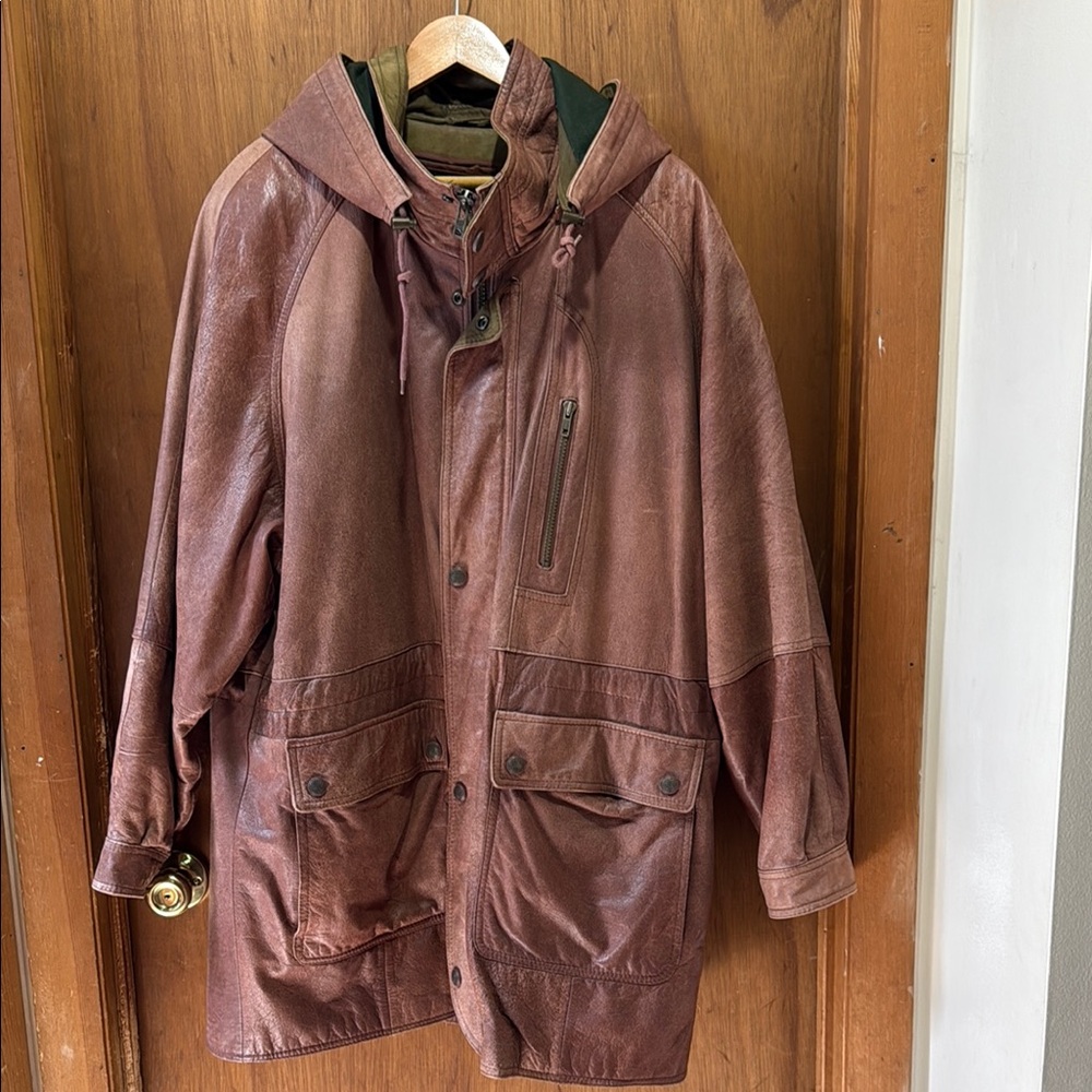 Brown Hooded Mens Leather coat